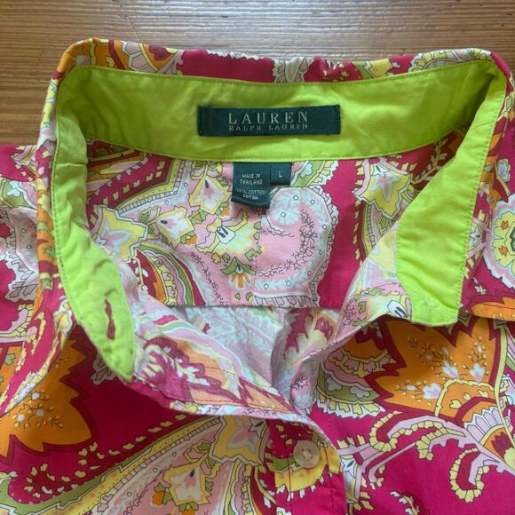 Ralph Lauren red pink paisley quarter sleeve button up womens shirt SIZE L - Picture 2 of 5
